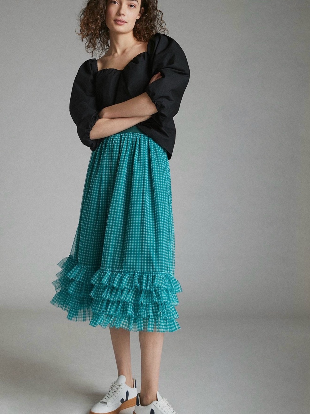 Anthropologie Teal Gingham Ruffle Tulle Midi Skirt